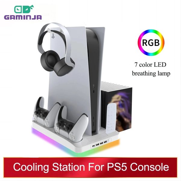 YLW P58 P5 Cooling Station: Stand with RGB Light Cooling Fan & Dual Controllers Charger for Playstation 5 - PS5 Game Accessories