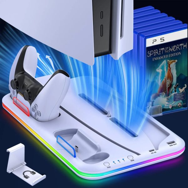 PS5 Slim Cooling Stand with RGB Light Fan - Dual Controller Charging Dock for PS5 Console (Disc & Digital Editions) | Controller Holder